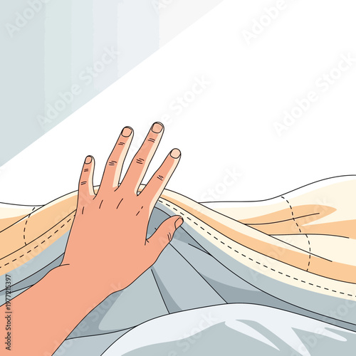 Hand reaching under blanket, morning light, waking up concept