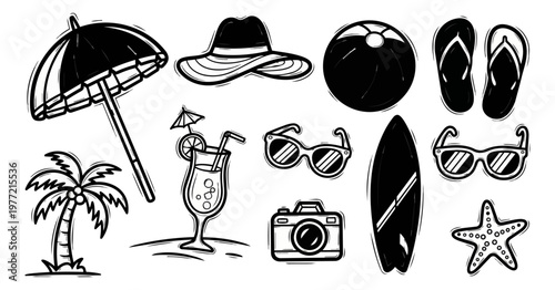 Summer essentials collection beach umbrella hat sunglasses and vacation elements