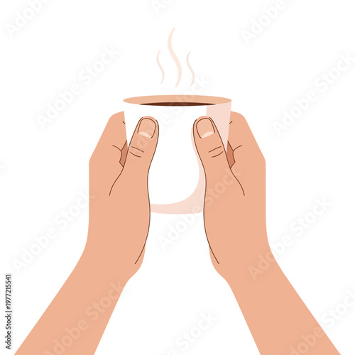 Hands holding a steaming cup of coffee, warm beverage, morning drink, white background