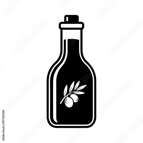 Minimalist black and white vector icon of a traditional glass bottle of extra virgin olive oil