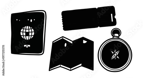 Travel and exploration elements illustration on black background