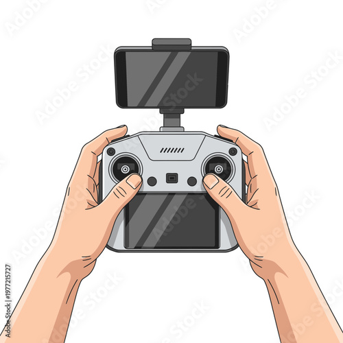 Hands holding drone remote controller with smartphone attached, aerial photography control