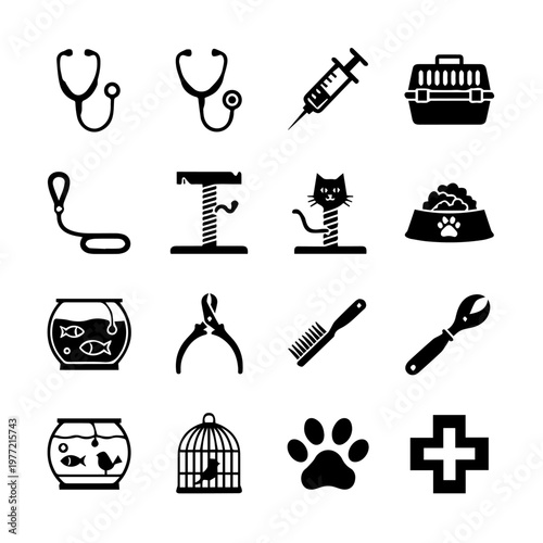 Comprehensive collection of black vector icons representing pet care, veterinary services, and animal supplies