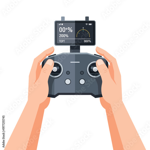 Hands holding drone remote controller with screen display, aerial photography technology