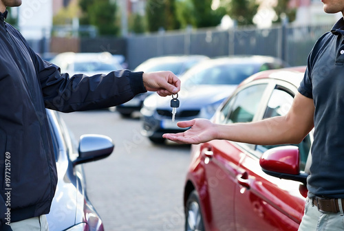 A car salesperson is handing a key to a customer at a used car lot.