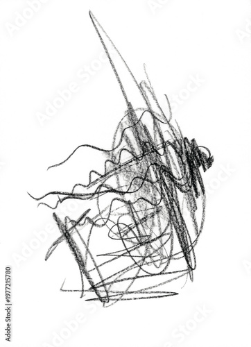 Dessin abstrait au crayon, composé de formes circulaires en noir et blanc.