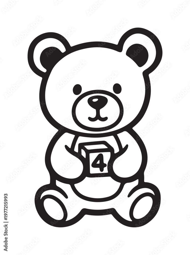 Fototapeta premium Cute Teddy Bear Holding a Number Four Block Illustration.