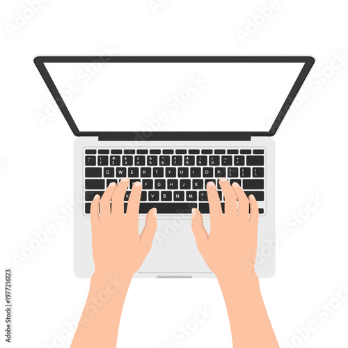 Hands typing on a laptop keyboard, overhead view, blank screen for copy space
