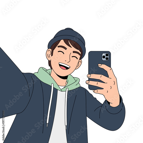 Happy Young Man Taking a Selfie with Smartphone, Casual Style, White Background
