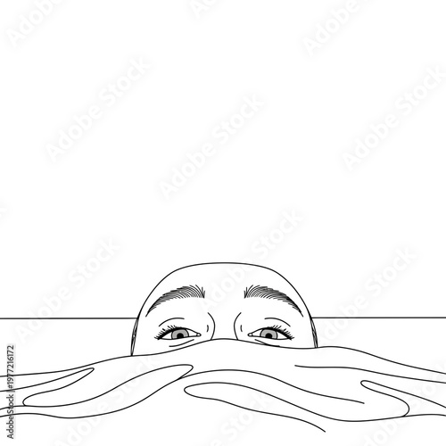 Hidden Face Peeking Over Edge, Mysterious Eyes Looking Up, Minimalist Line Art