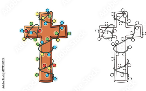 Christian wooden cross wrapped in colorful Christmas string lights. Cute cartoon vector illustration with black and white outline version for kids coloring book page.