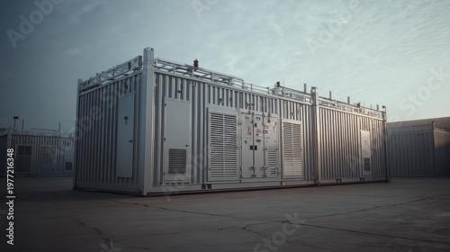 Industrial energy storage system consisting of large battery containers on concrete, providing grid scale power and backup for data centers and renewable energy infrastructure