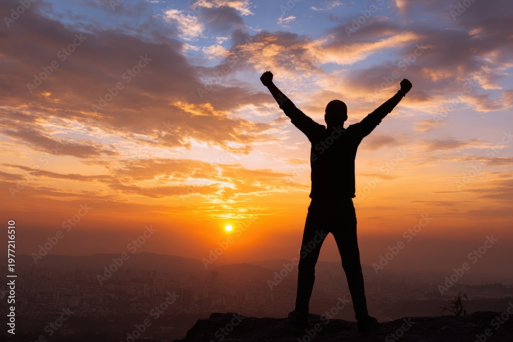 Fototapeta premium Victorious Person Raising Arms on Mountain Summit