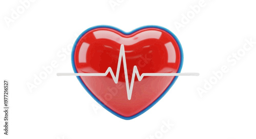 Vector illustration of 3d illustration of a glossy red heart icon with a white ekg heartbeat line on a transparent background