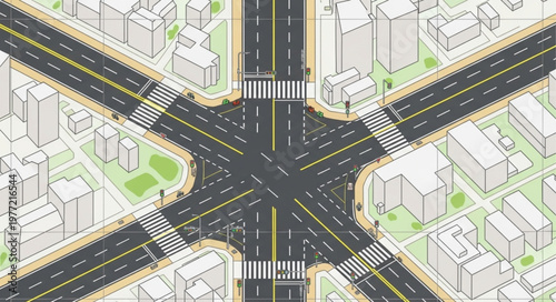 Aerial View of a Complex Urban Intersection with Pedestrian Crossings.