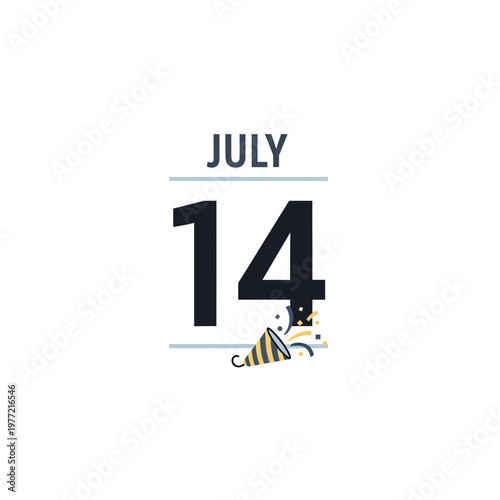 July 14th Calendar Date with Party Popper and Confetti Celebration
