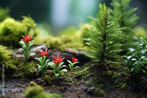 Small red flowers and a tiny pine tree thriving in a lush mossy landscape