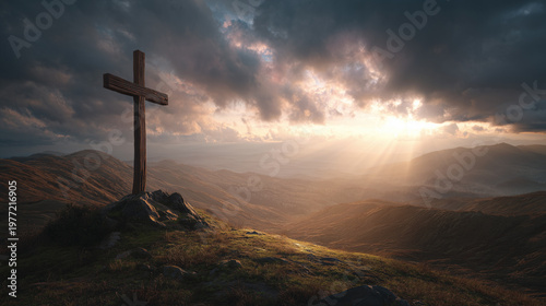 Cross on a Hilltop: A solitary wooden cross stands tall on a hilltop, silhouetted against a dramatic sky, evoking a sense of reverence and spirituality. The cross is a symbol of faith and hope. 