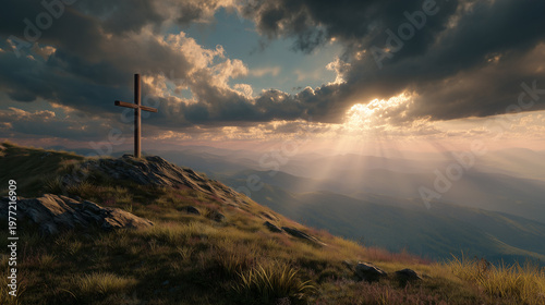 Ascension's Embrace: A solitary cross stands atop a rugged mountain, bathed in celestial light piercing through dramatic storm clouds, creating a scene of spiritual grandeur.