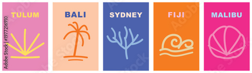 Set of travel destination icons with tulum, bali, sydney, fiji and malibu