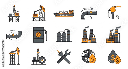 Oil and Gas Industry Icons - Production, Transportation, and Processing.