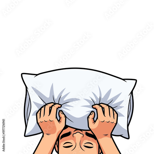 Man Hiding Face Under Pillow, Exhausted, Sleepless Night, Stress, Anxiety