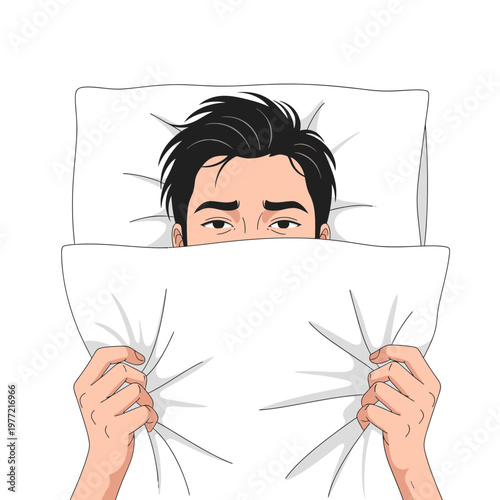 Man hiding under pillow, feeling anxious or shy, isolated on white background