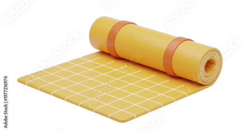 Vector illustration of yellow yoga mat with a grid pattern rolled up and on a transparent background