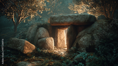 Ancient Stone Structure Amidst a Forest: The stone structure stands in the heart of the forest with an ancient aesthetic, a testament to time and history. The play of light and shadow.