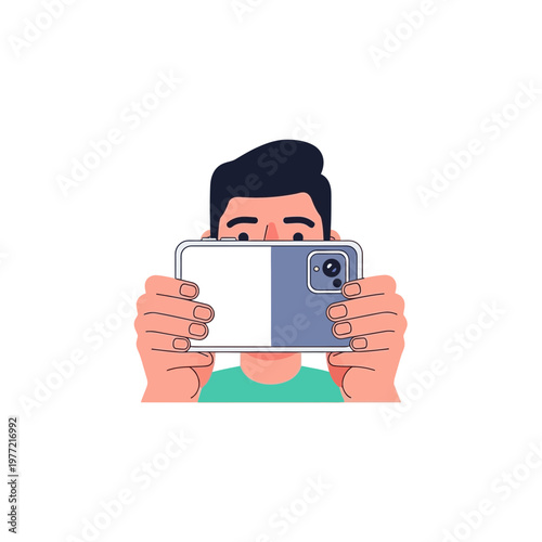 Man holding smartphone, taking selfie or photo, close-up face and phone