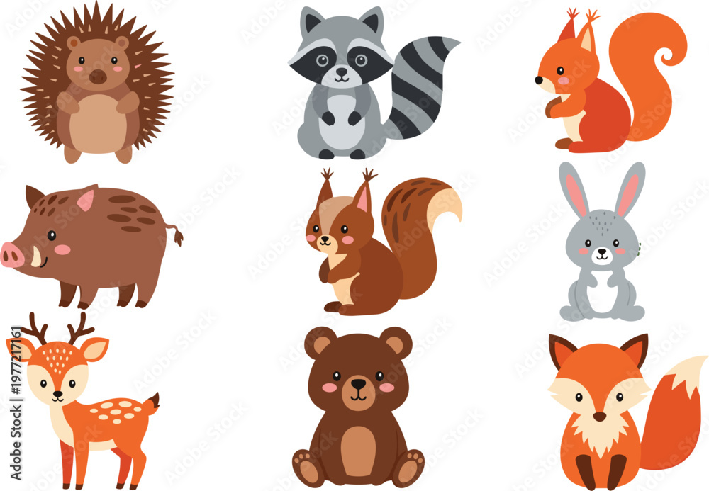 Naklejka premium Cute Wild and Woodland Animal Vector Character Set Featuring Lion Elephant Giraffe Fox and Bear for Kids Educational Media and Creative Graphic Design Projects