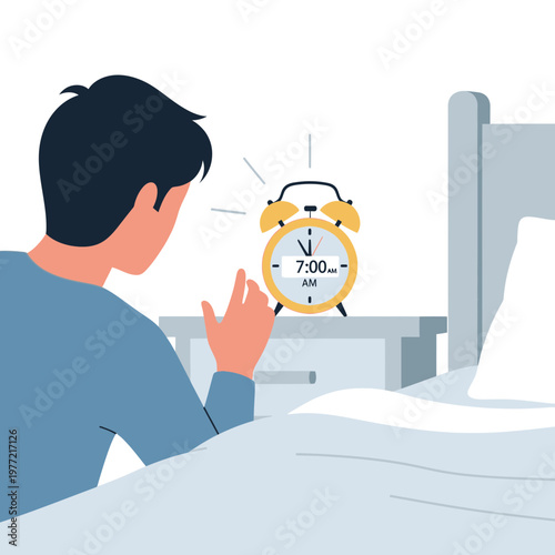 Man waking up to alarm clock ringing at 7 AM in bedroom, morning routine concept