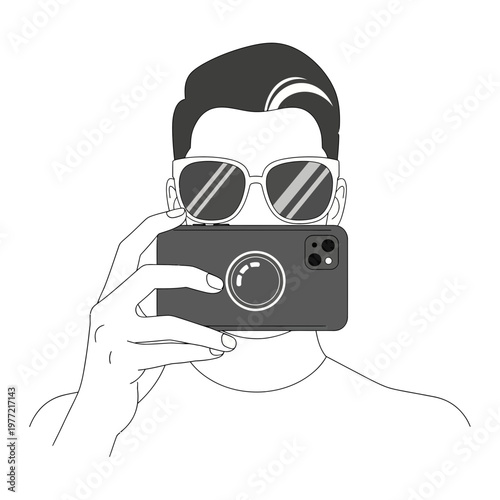 Man with sunglasses holding smartphone taking a selfie, minimalist illustration