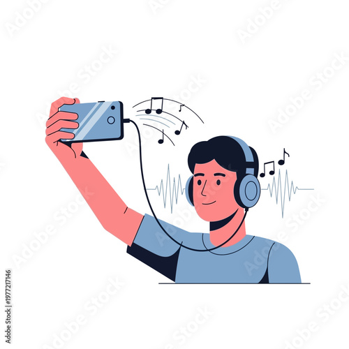 Man with headphones listening to music from smartphone, enjoying sound waves