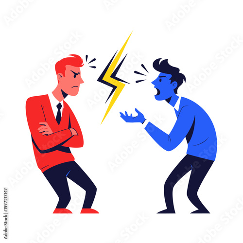 Two men arguing, conflict and disagreement, business dispute, communication breakdown
