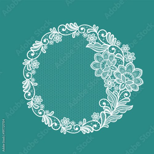 Round llace decoration element.White lace flowers frame.Vector handmade white lace branches with flowers.