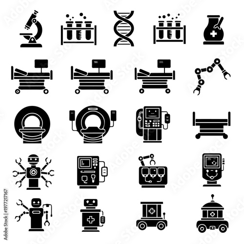 Vector icon set for medical technology, scientific discovery, and healthcare automation concepts