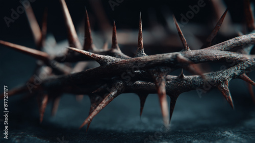Crown of Thorns: The image is a close-up of a meticulously crafted crown of thorns, a symbol of suffering, sacrifice, and spiritual reflection, its intricate details offering a poignant view.
