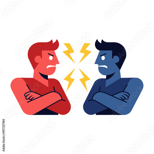 Two men arguing, red vs blue, conflict, disagreement, lightning bolts, anger, opposition