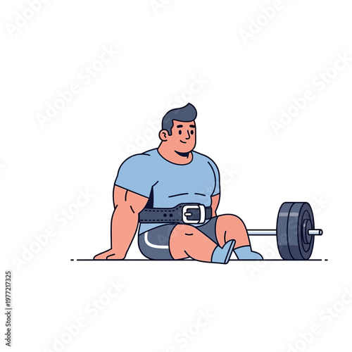 Muscular man with weightlifting belt sitting next to barbell, fitness workout