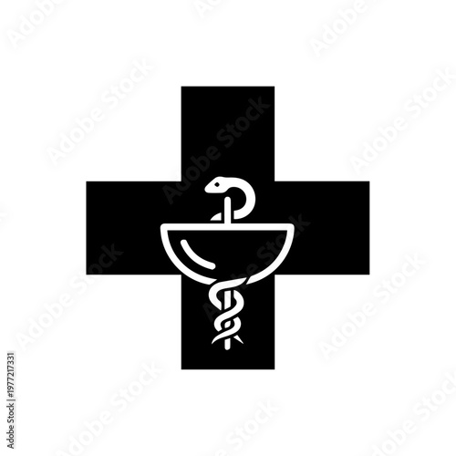 Medical cross with the Bowl of Hygieia, a pharmacy symbol featuring a snake coiling around a bowl