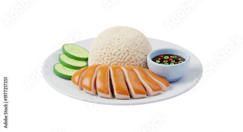Vector illustration of hainanese chicken rice with cucumber slices and dipping sauce on a transparent background