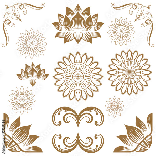 Thai ethnic decorative elements vector set with traditional ornamental patterns, cultural motifs, elegant Asian design symbols and detailed ethnic Thai illustration for decoration and creative project
