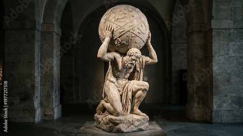 Atlas statue holding up the celestial sphere in a museum