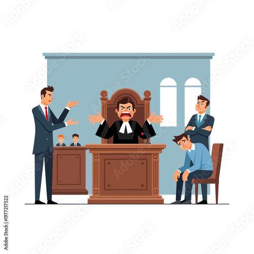 Angry judge in courtroom with lawyers and defendant, legal dispute, justice system