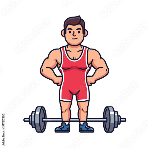 Cartoon Athlete Posing with Barbell, Weightlifting, Fitness, Strongman, Gym Workout
