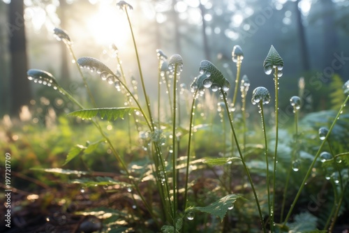 Fern leaves collecting fresh dew drops in misty morning forest with bokeh