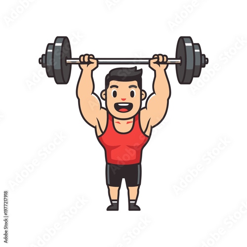 Cartoon Man Lifting Heavy Barbell Overhead, Fitness and Strength Training