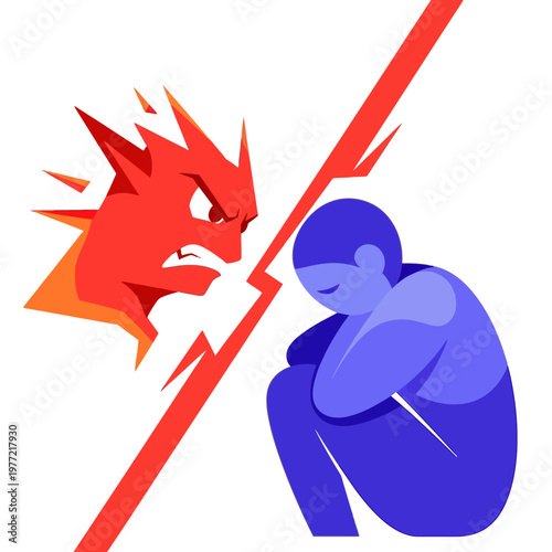 Angry Red Monster Tormenting Sad Blue Person, Mental Health Concept