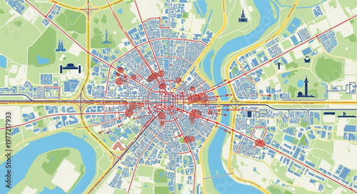 Detailed City Map with River and Infrastructure Network.
